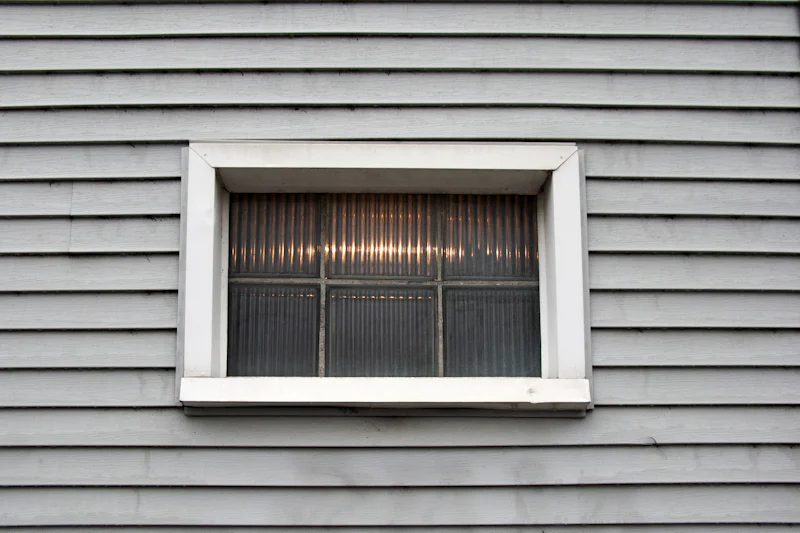 Gray lap siding around a small window with frosted glass