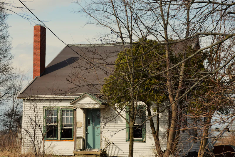 Small white house with a red brick chimney and bare trees