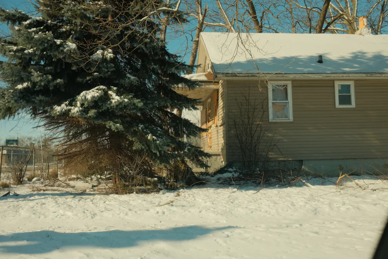 Tan sided house beside a blue spruce after a snowfall