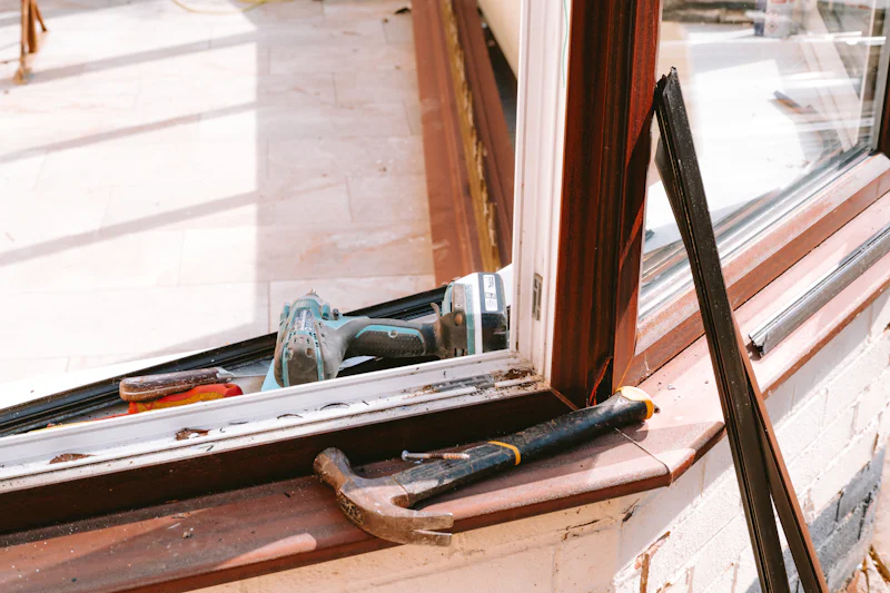 Window opening with the old sash out and a hammer and drill resting on the sill